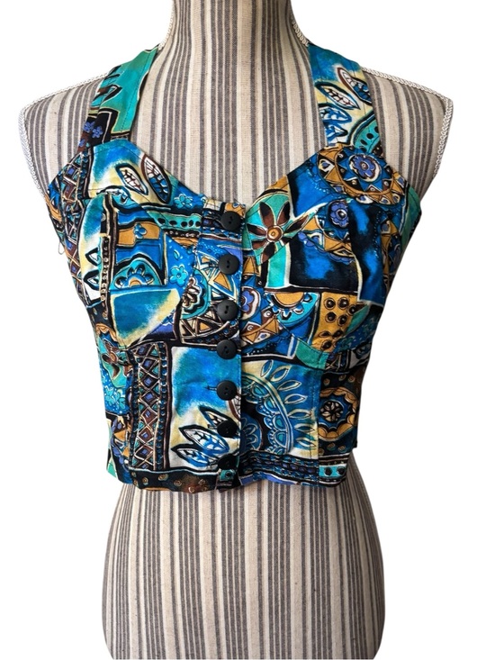 WONDER* Tops - Y2K Halter Crop Top Small WONDER Blue Yellow Patchwork with Button Front